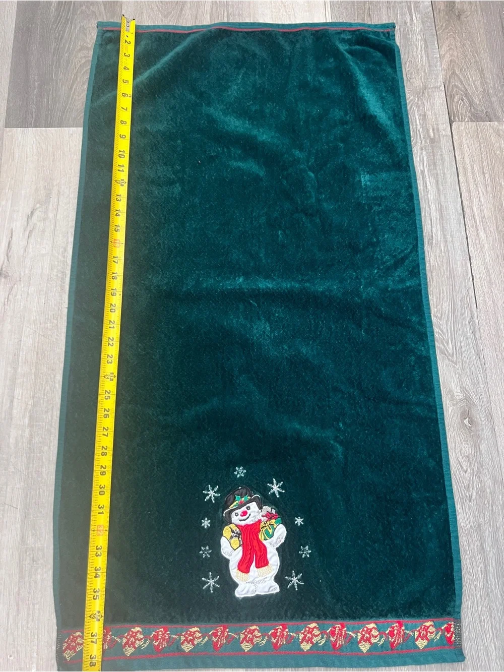 Vintage Jcpenny Dark Green Snowman Embroidered Holiday Bath Towel Set 1980s